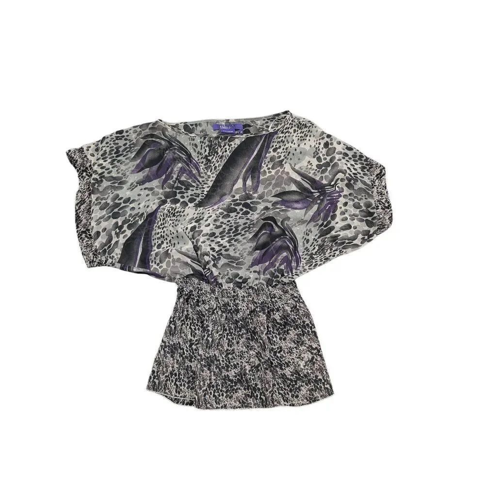 Miley Cyrus Blouse Women Purple & Gray Floral Short Sleeve Round Neck Casual Wom
